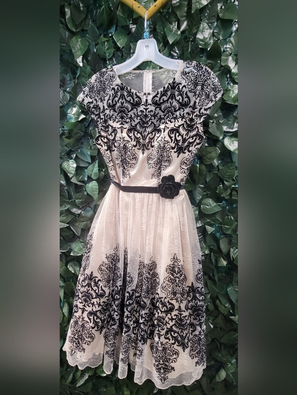 B Darlin Ivory Dress with Black Floral Velvet Appliqué